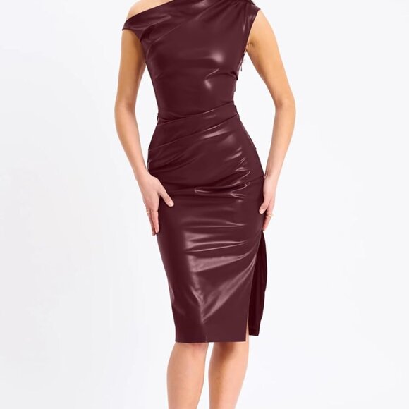 Women's Faux Leather One Shoulder Bodycon Midi Dress Party Club - Picture 2 of 6
